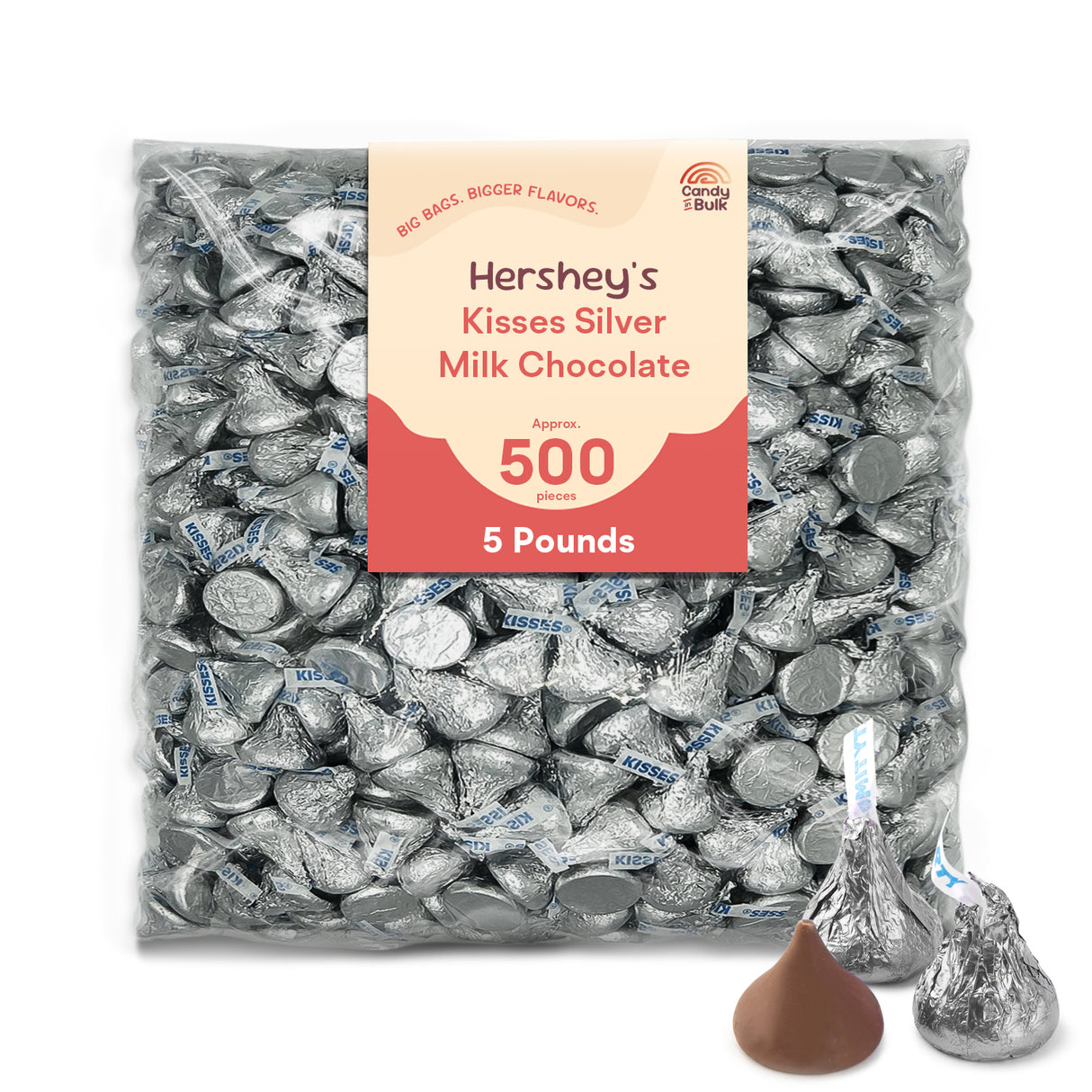 Hershey's Kisses Silver Milk Chocolate package with a small Hershey's Kiss on a white background