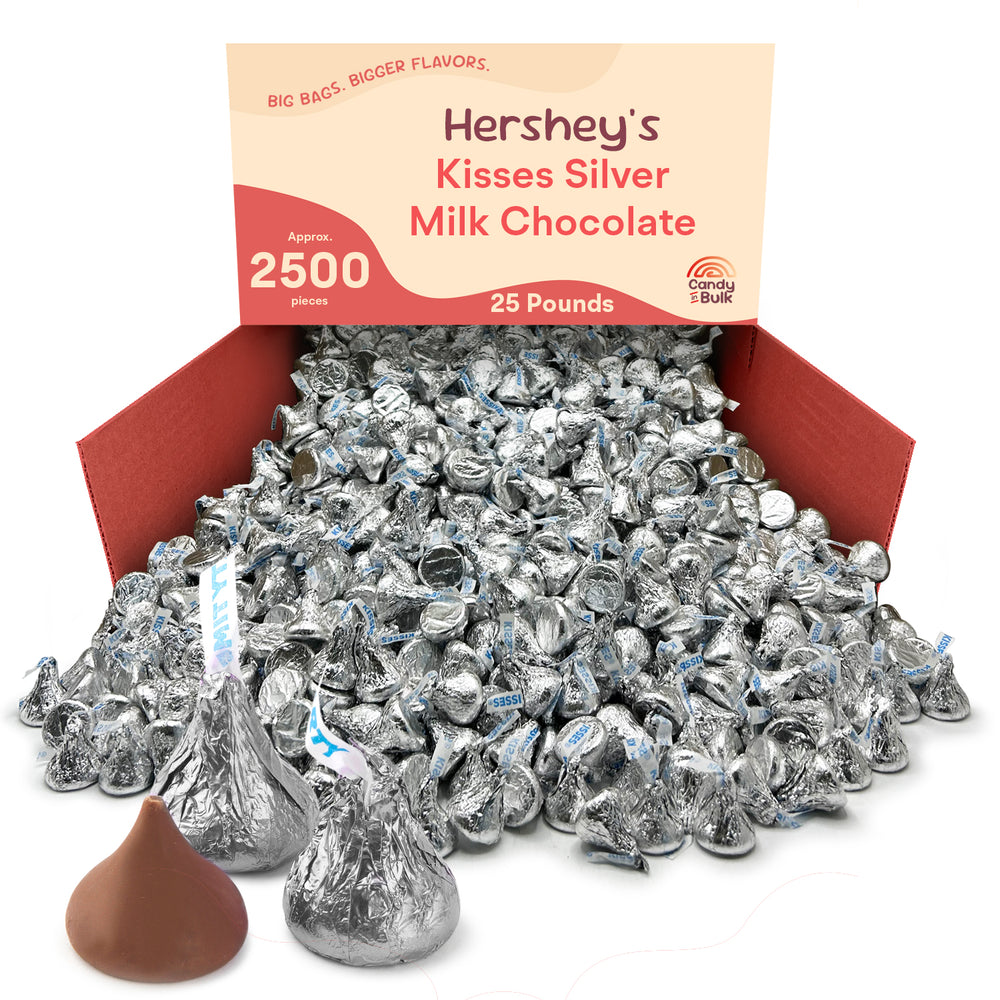 Box of Hershey's Kisses Silver Milk Chocolate with a visible label.