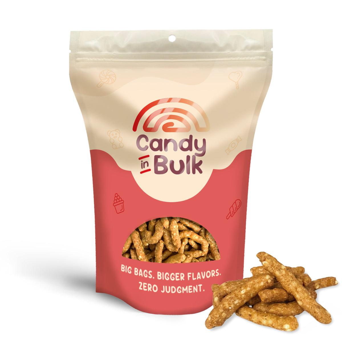 Candy in Bulk snack package with sesame sticks on a white background